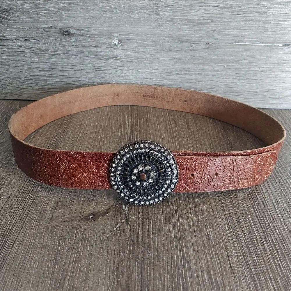 Fossil Belt Medium Brown Leather Embossed Floral Moroccan Rhinestone Medallion